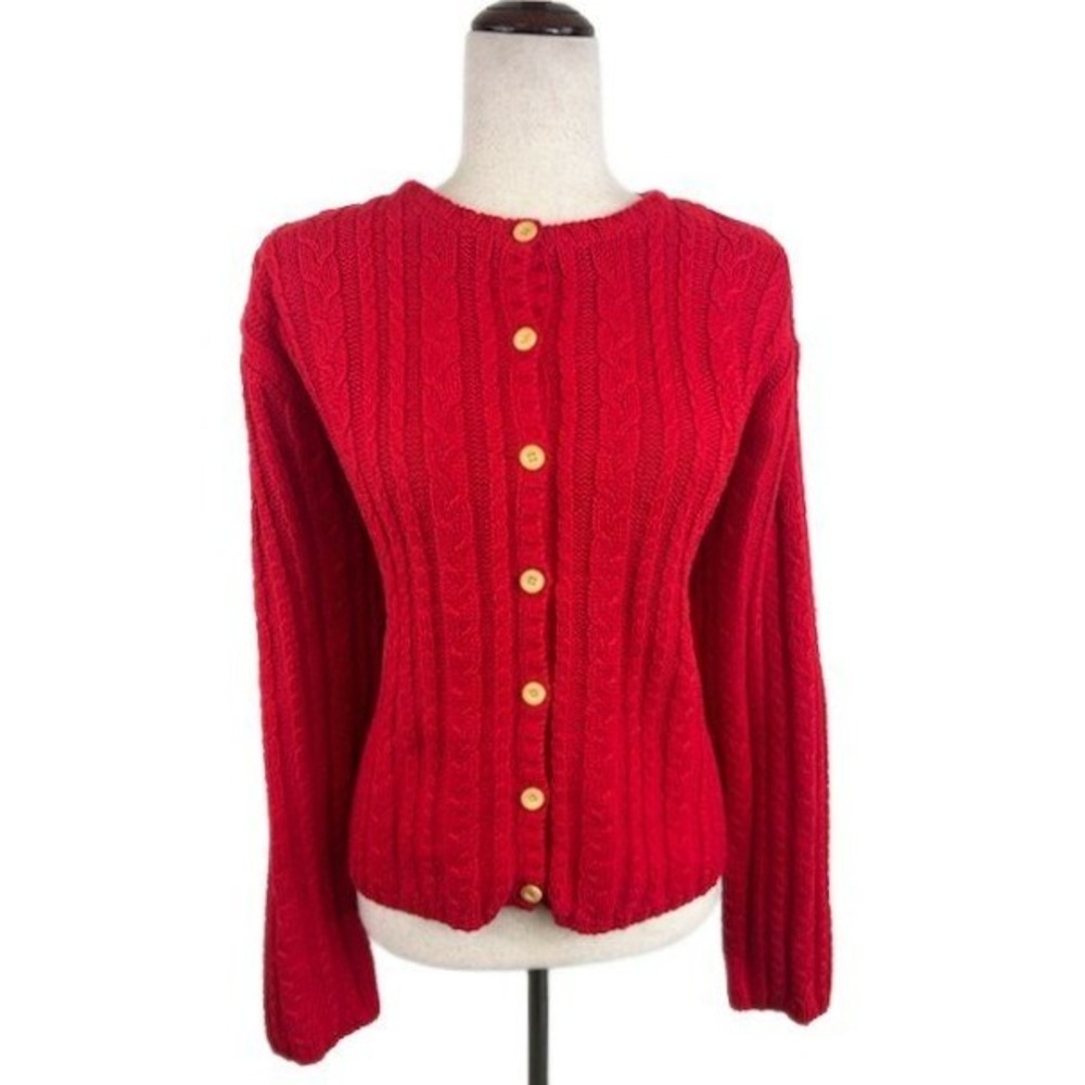 Talbots Red Cable Knit Cardigan Button Cotton Classic Sweater Womens Size XL